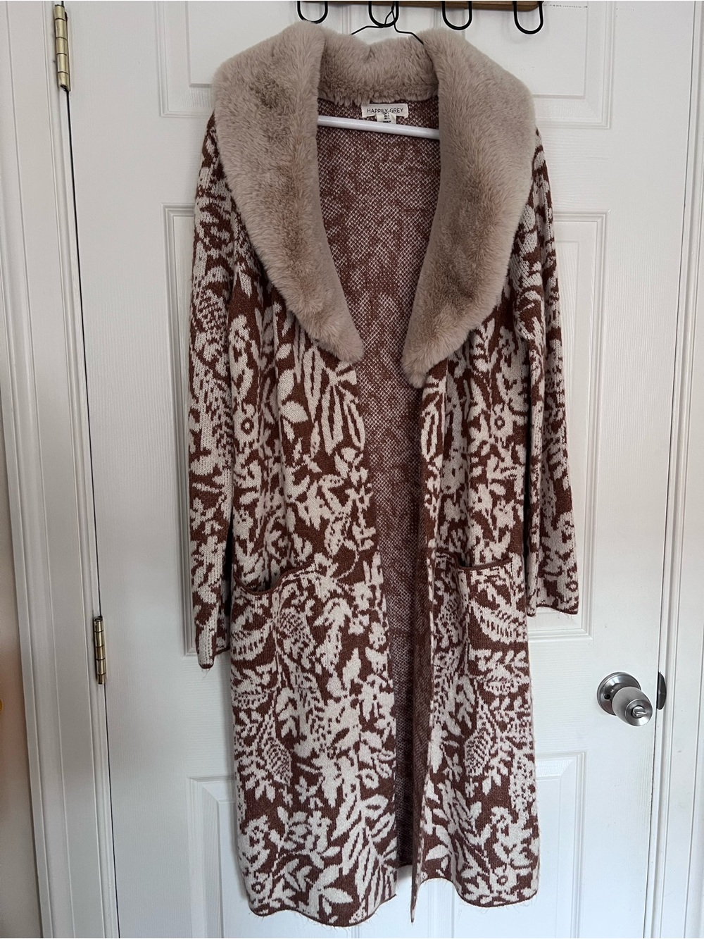 Happily Grey Faux-Fur Collar Longline Floral Cardigan Sweater - Brown/Cream